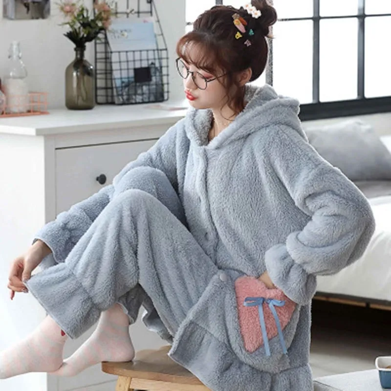Cozy Fuzzy Hoodie Womens Flannel Pajama Set With Princess Bow And