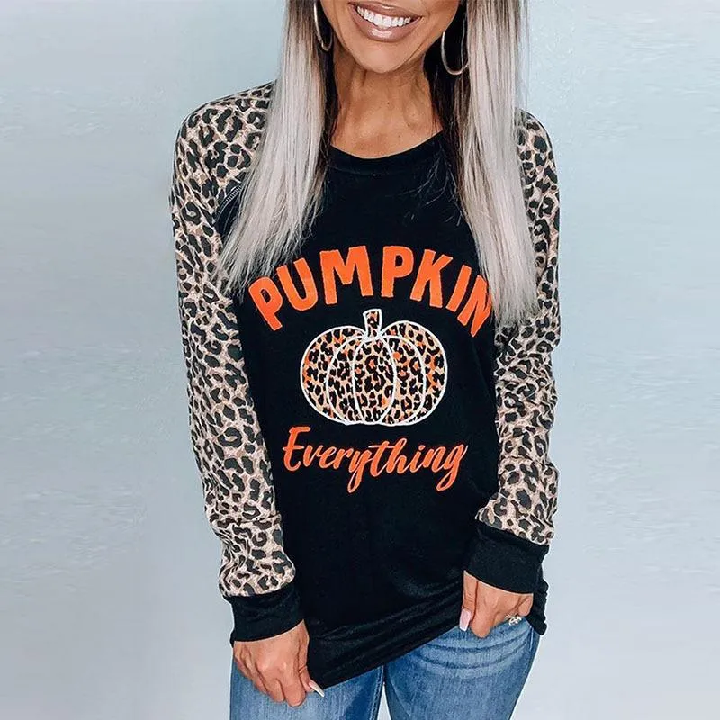 T-Shirt da donna Leopard Pumpkin Letter Print 2021 Autunno manica lunga Halloween T-shirt Donna Top Tee Casual Festival Tops Abbigliamento Donna