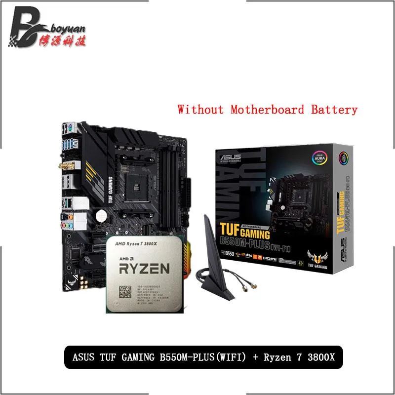 마더 보드 AMD Ryzen 7 3800x R7 CPU + Asus Tuf 게임 B550M Plus (Wi-Fi) 마더 보드 정장 소켓 AM4 모두 냉각기가없는