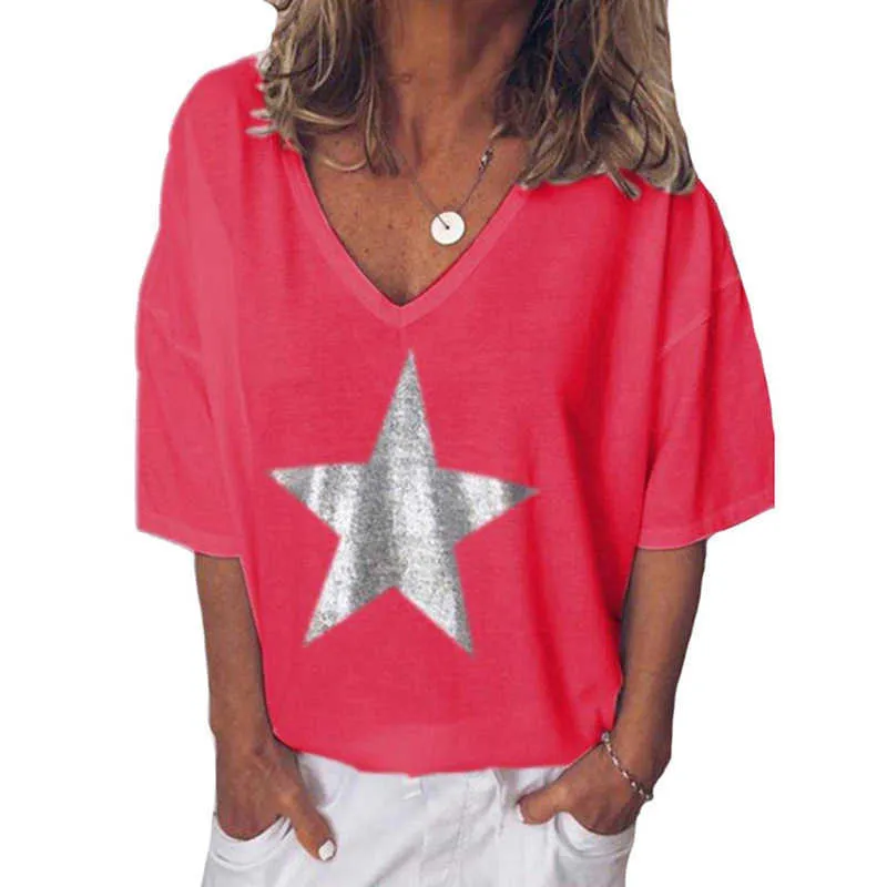 Zomer Star Print T-shirt Dames Casual V-hals Korte Mouw Losse Witte Tee Tops Mode Effen Kleur Basic T-shirts Plus Size 5XL 210526