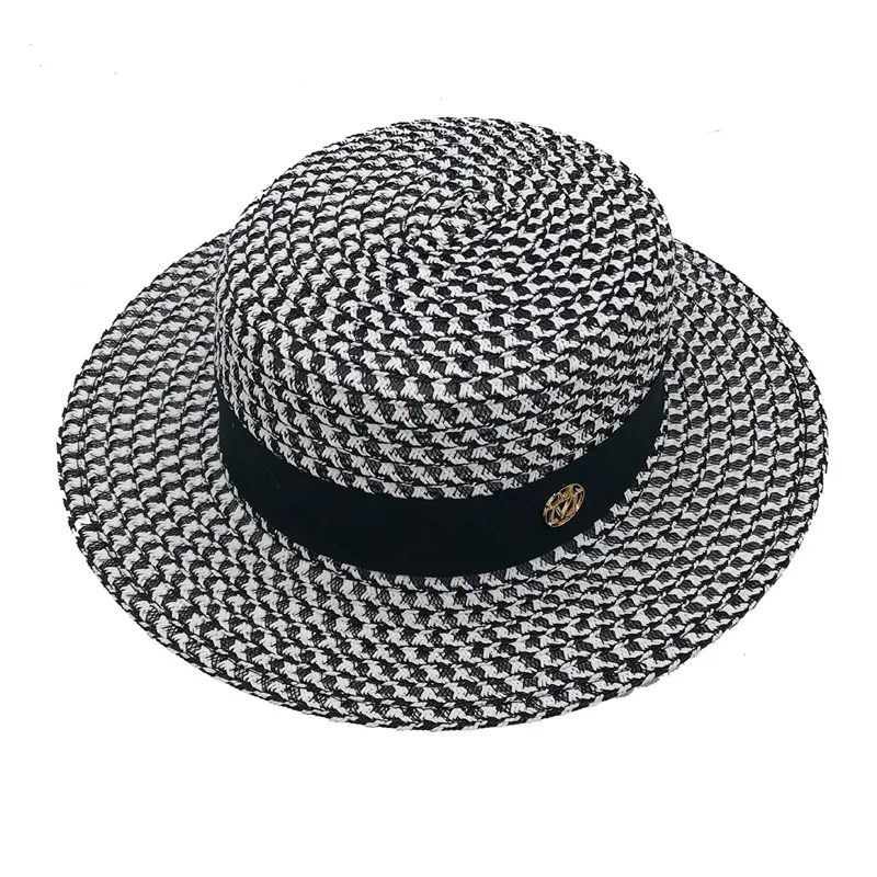 High-grade Summer Black White Plaid Wide Brim Flat Top Boater Hat Spring Women Grass Braid Sun Hat Party Wedding Formal Cap