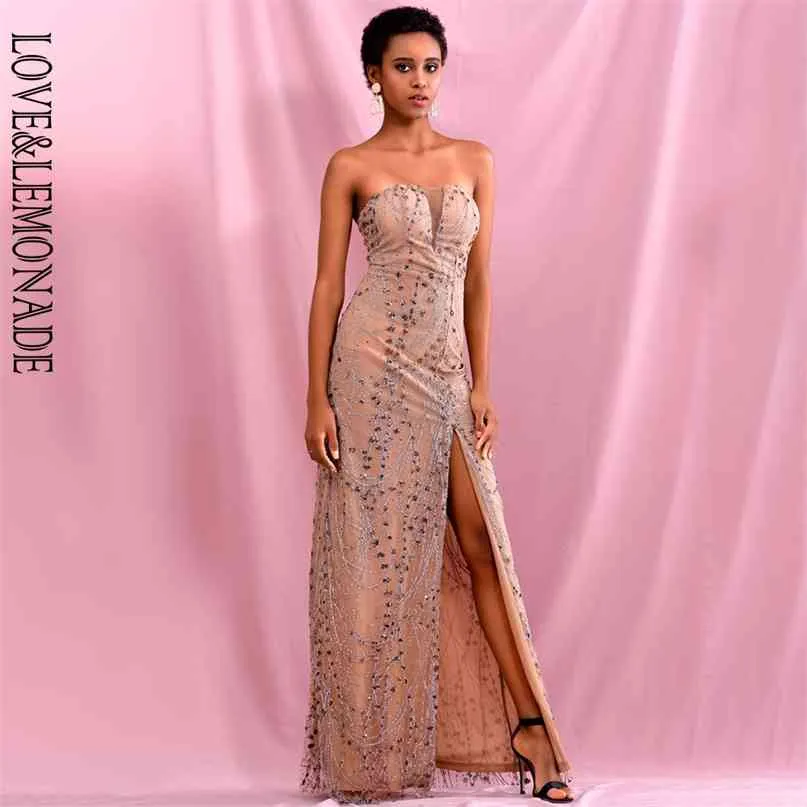 Spring Tube Top Bodycon Rose Gold Glitter Klejony materiał Split Party Miax Dress LM82189 210602