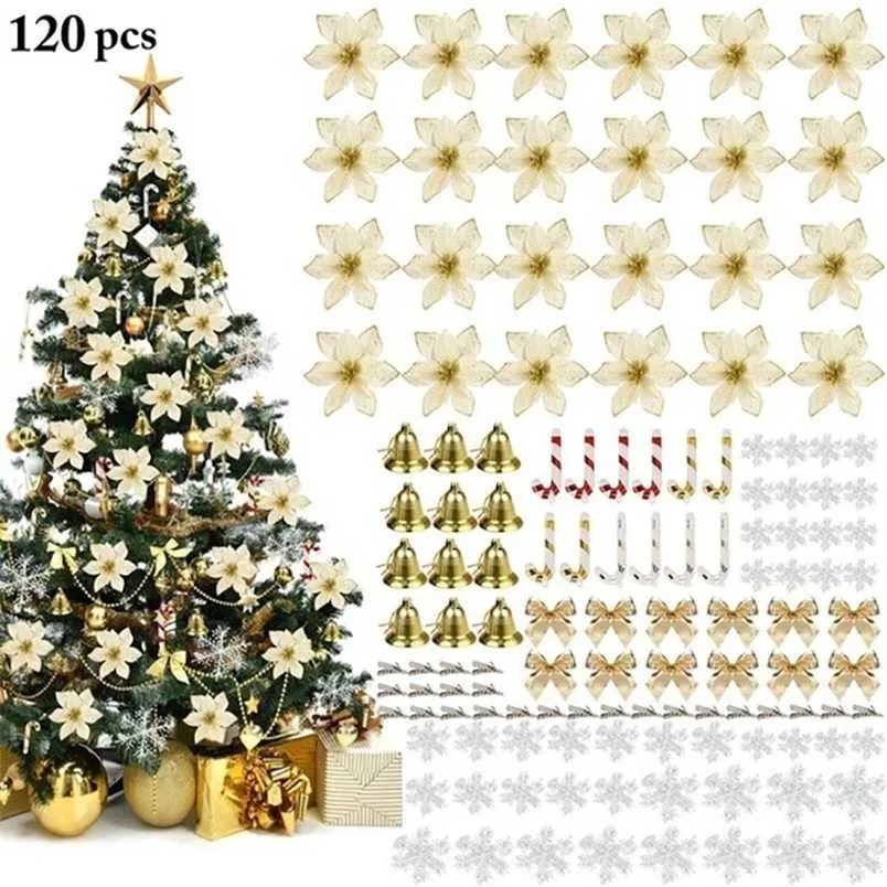 120PCS /1set Christmas Tree Ornament Flash Artificial Flower Bow Bell Snowflake Small Cane Clip for Christmas Party Decoration 211104