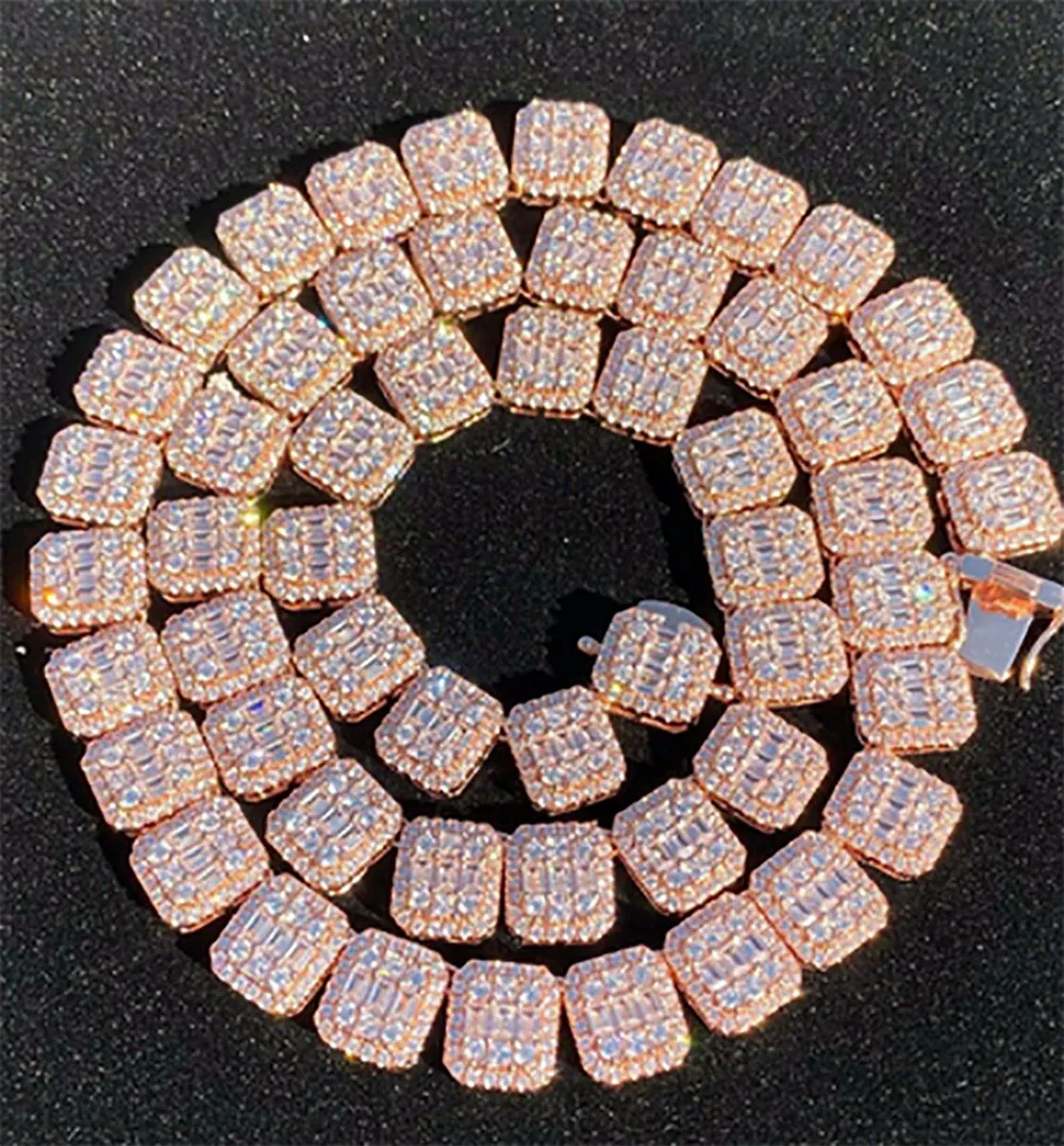 14K Rose Gold Baguette Tennis Chain Real Solid Icy Mens 13mm Cubic Zircon Stones Bling Necklace Hip Hop Jewelry 14- 24inch