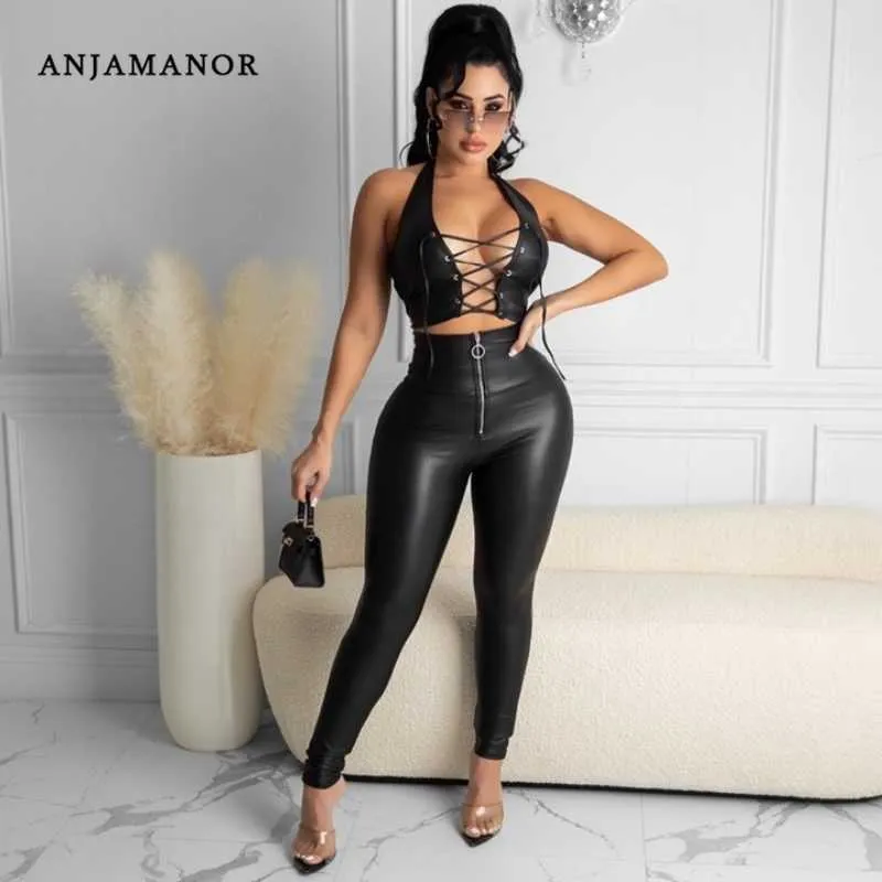 ANJAMANOR PU Cuir Sexy 2 Pièces Ensembles Femmes Tenues Club À Lacets Bandage Crop Top Pantalon Leggings Vêtements En Gros D48-DZ38 Y0625