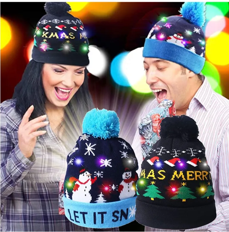 Led ljus upp hat beanie stickade färgglada ljus xmas unisex vinter snow cap