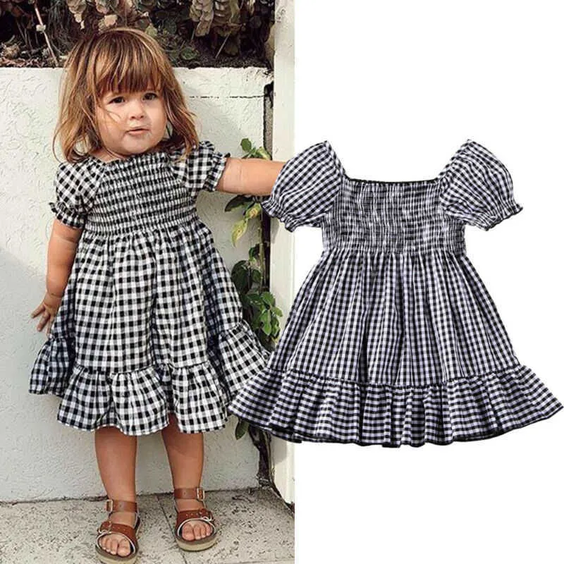 1-5 T Yürüyor Çocuk Bebek Kız Clotehs Gingham Konağı Kısa Kollu Yaz Fırfır Elbise Zarif Sevimli Tatlı Güzel Kıyafet Q0716