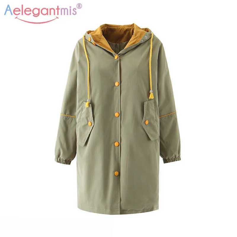 Aelegantmis Höst Kvinnor Lös Lång Trench Coat Kvinnors Oversized Hooded Outwear Ladies Streetwear Casual Plus Size Overcoat 210607