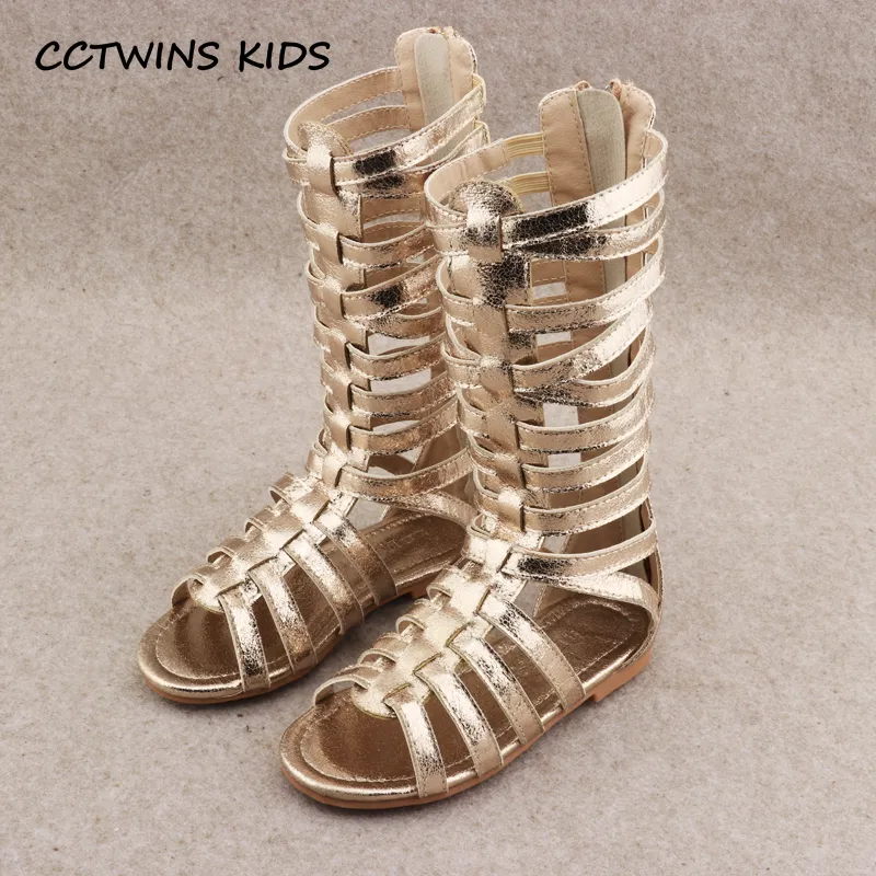 CCTWINS Kids Lean Baby Girl Knee High Gladiator Sandal Kid Fashion Мягкие плоские Детские Пляж Золотой Обувь Малыш BG063 210312