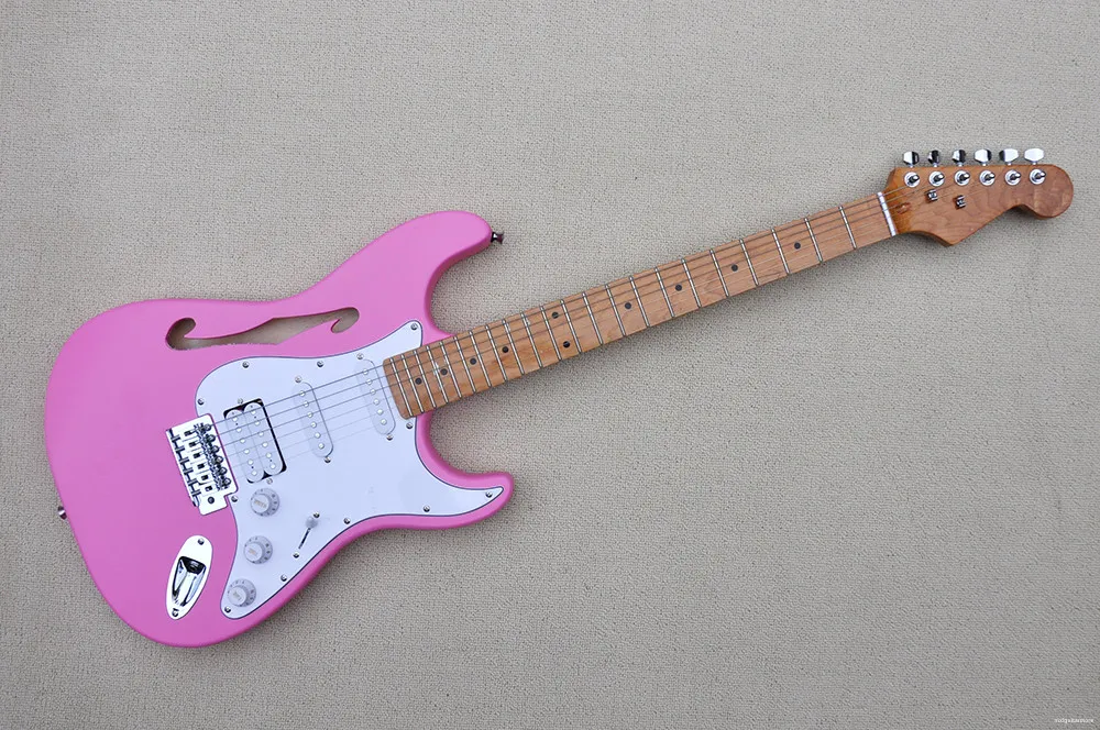 Matt rosa elektrisk gitarr med lönnhals, vit pickguard, kromhårdvara, tillhandahålla anpassade tjänster