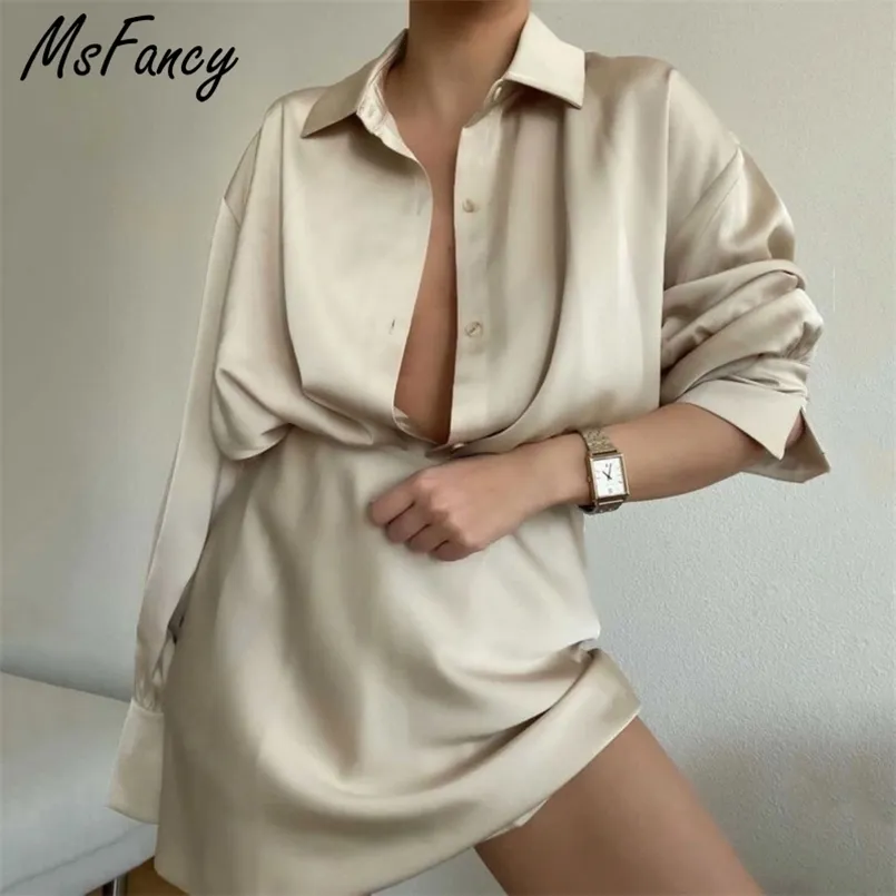Msfancy 2 Pieces Skirt Set Women Satin Long Sleeve Shirt A-line Mini Elegant Conjuntos De Vestido 220221