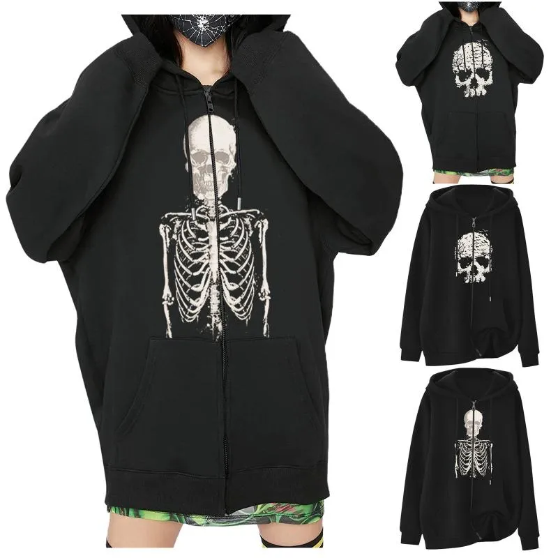 Sweats à capuche pour femmes Sweats Skeleton Skull 3D Print Zip Up Sweat à capuche femme / homme Sweat Hip Hop à manches longues Zipper Jacket Coat Halloween Co