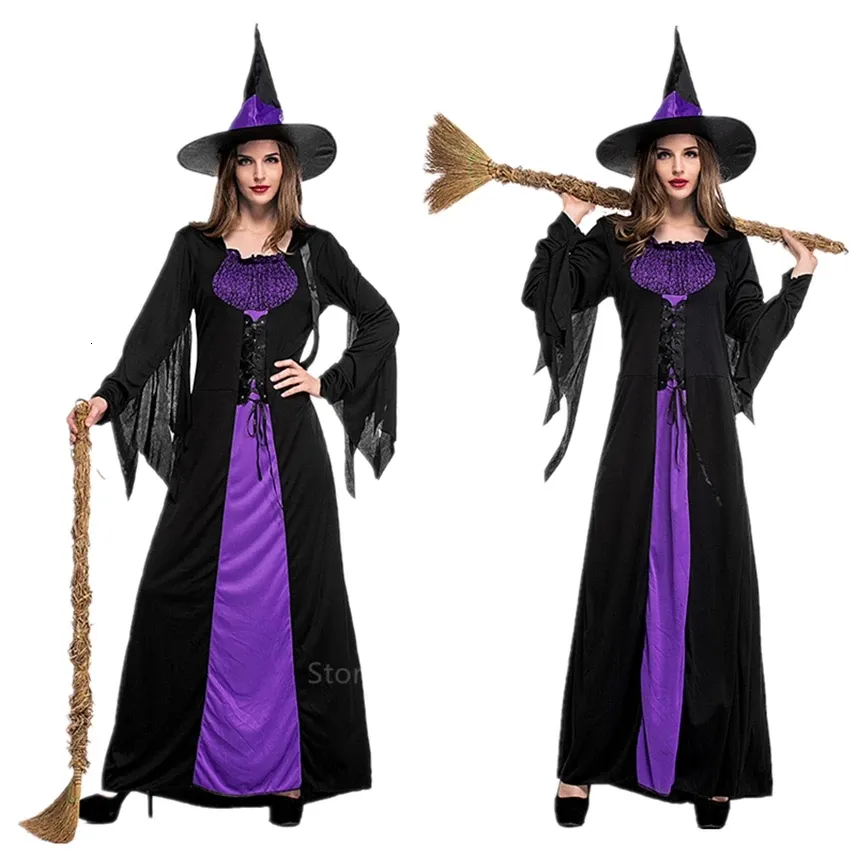 Halloween Heks Vampier Kostuums voor Vrouwen Volwassen Eng Paars Carnaval Feest Prestaties Drama Maskerade Kleding met Hoed