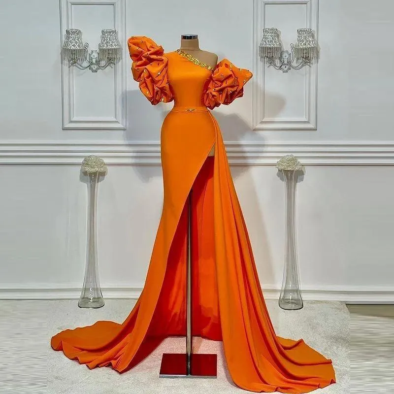 Designer Orange Evening Dress Sheath One Shoulder Crystal Beading Puff Sleeves Sexy Split Front Satin Gorgeous African Long Prom Gowns Party Celebrity Dresses