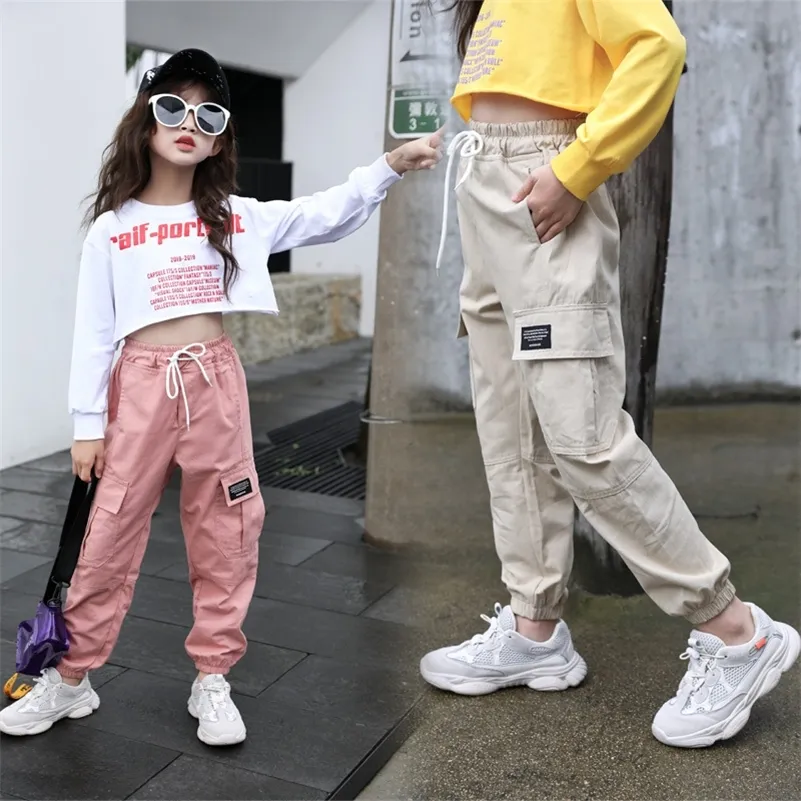 Coole Mädchen Anzug Herbst Cargo Hosen 9 10 11 12 13 Jahre Mädchen Kleidung Elastische Taille Hosen Teenager Kinder Casual jogger Hosen 210306