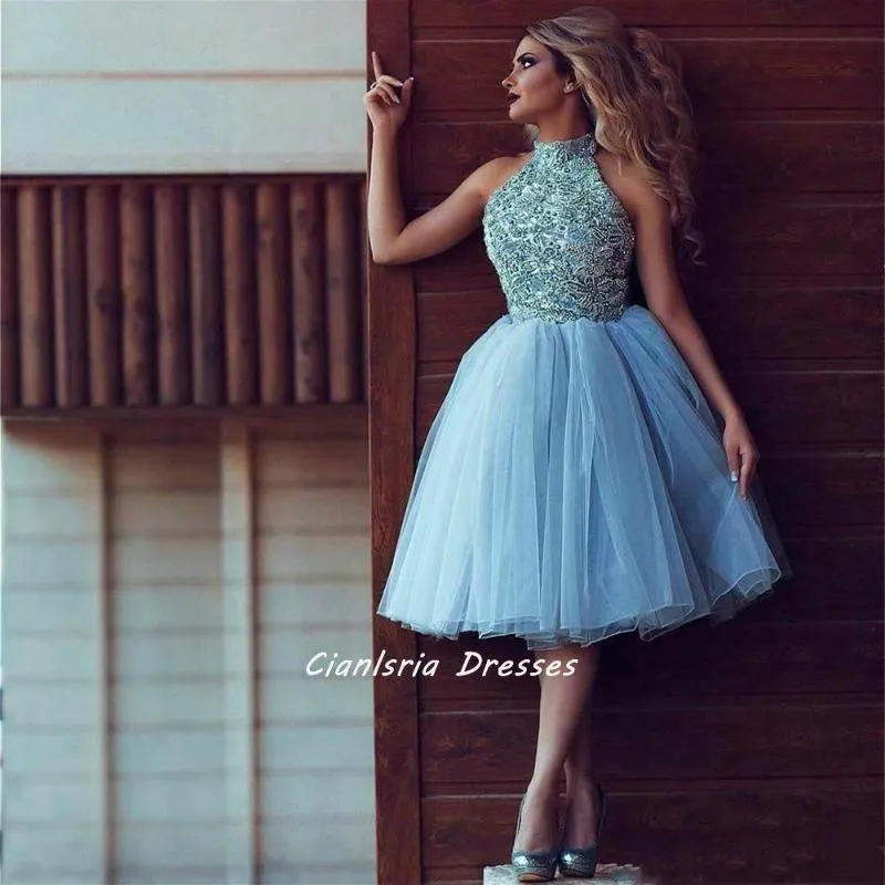 Party Dresses Light Blue High Neck Beading Crystal Knee-Length Dubai Homecoming Sleeveless Arabic Short Cocktail Graduation Dress