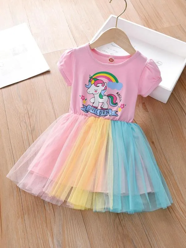 Robe à manches bouffantes et ourlet en maille avec imprimé lettre licorne pour toute-petite fille SHE