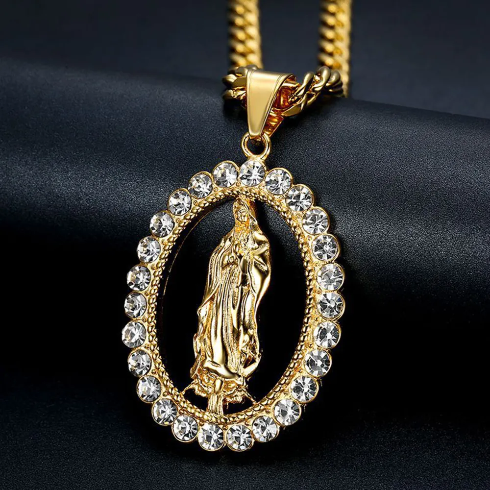 Hiphop rostfritt stål hänge halsband som lyser vit zirkon bling guld pläterad religiös smyckespresent