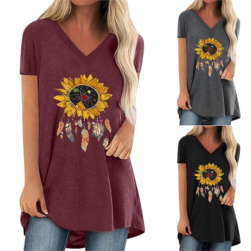 Casual Top Women T Shirt Sexy V Neck Loose Short Simplicity Sleeve Floral Flowers Feather Printing Piping Comfortable Breathable 3 Colors WMD