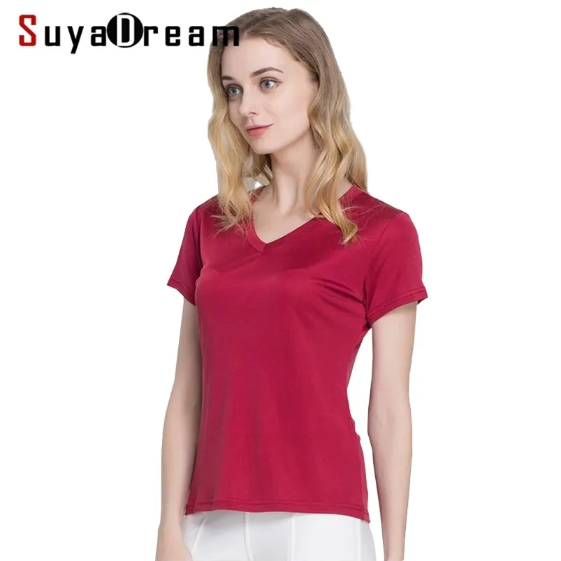 SuyaDream Women Silk T shirt Natural Short Sleeve Solid V neck Top Shirt white black Bottoming Shirts 210623