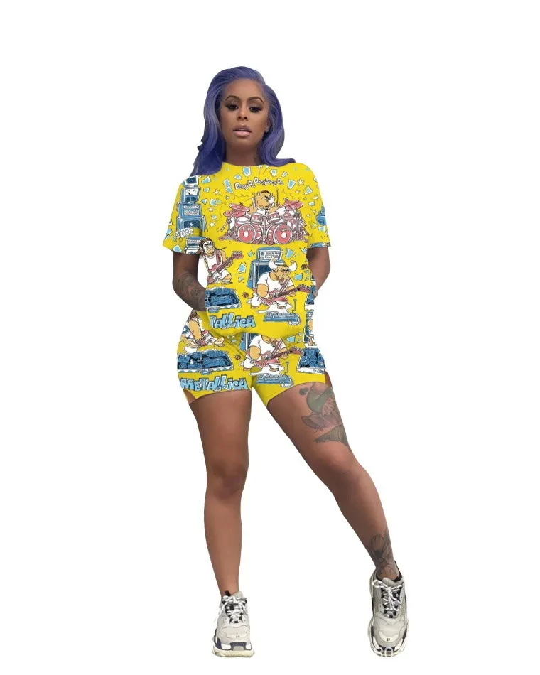 Cartoon Pattern Print Short Sleeve Tracksuit Womens Set Casual