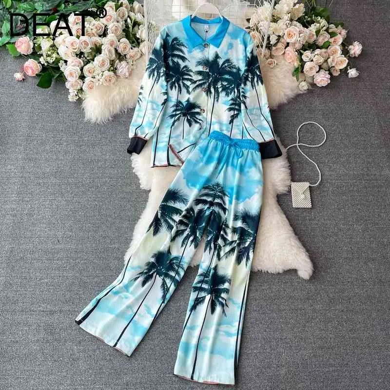 DEAT Summer Fashion Women Clothes Lapel Full Sleeves Printed Shirt And Full Length Pants Two Pieces Set WS691 210709