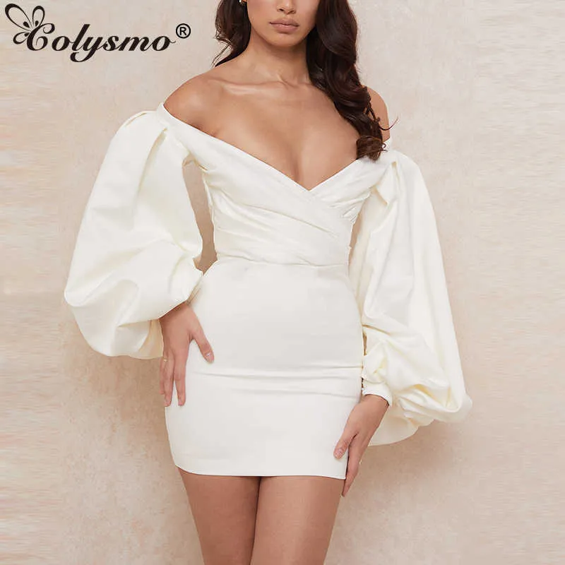 Colysmo Mini Saten Elbise 2 Katmanlar Fener Kol V Boyun Fermuar Dantelli Bodycon Beyaz Yaz Kadın Zarif Chic Parti Robe 210527