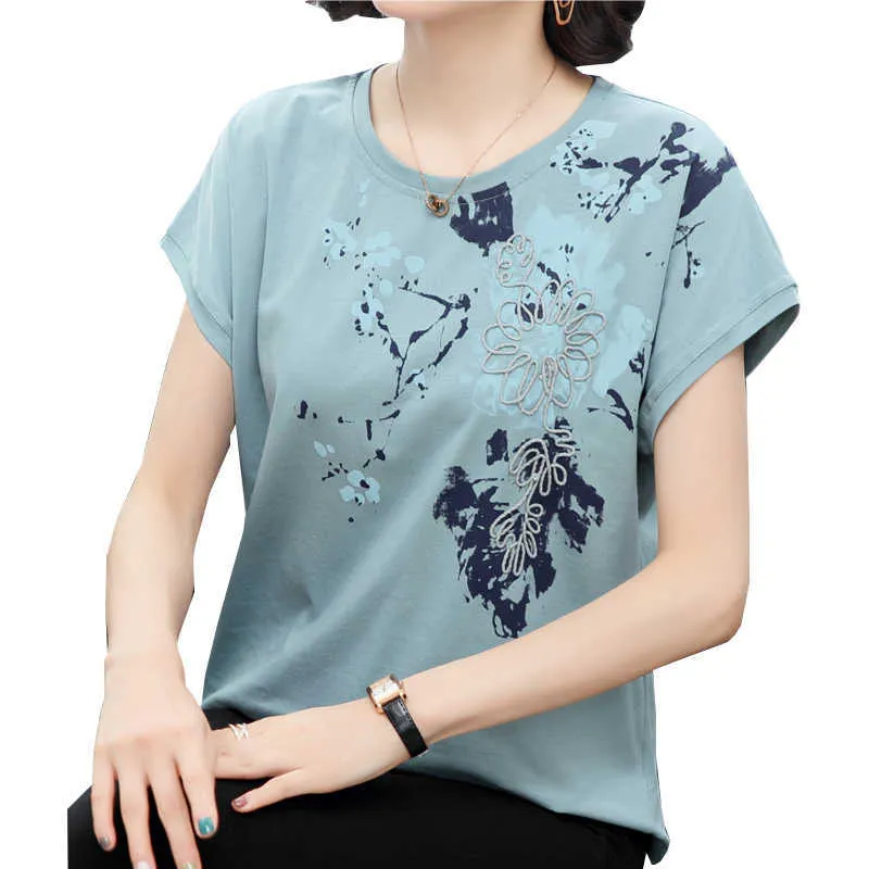 Grande taille Vintage t-shirt femmes Appliques t-shirt Femme coton été hauts imprimer Camisas Mujer à manches courtes t-shirt Femme 210615