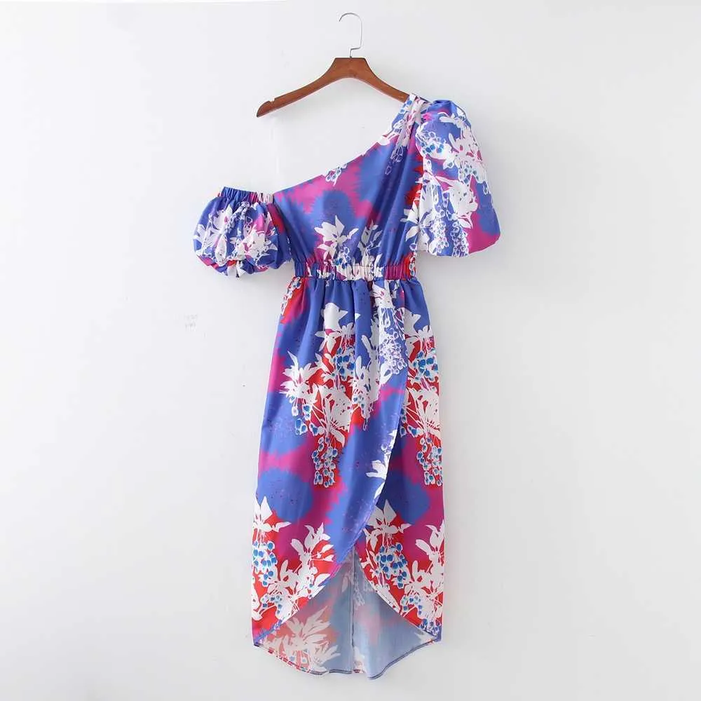 Kobiety Letnia Dress Przyjazd Kwiatowy Drukuj Jeden Ramię Midi Beach Sundress 210602