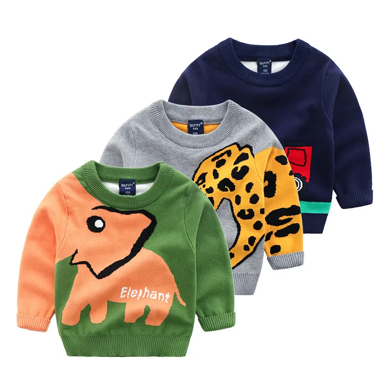 Stickad toddler pojke tröja casual tecknad elefant mönster varma bomullspojkar tröjor pullovers höst vinter tjocka tröjor 210308