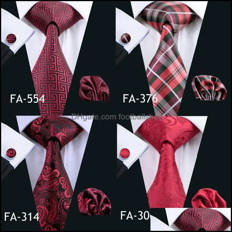 Neck Ties Barry.Wang Arrival Men`s For Men Red Set Fashion Woven Tie Hanky Cufflinks Wedding Party Business1