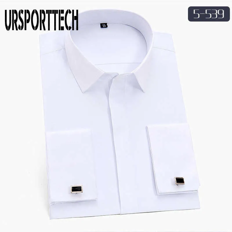 Camicia a maniche lunghe da uomo Primavera Solid Uomo Gemelli francesi Camicia casual Colletto bianco Design Mens Polsino francese Camicie eleganti M-5XL 210528