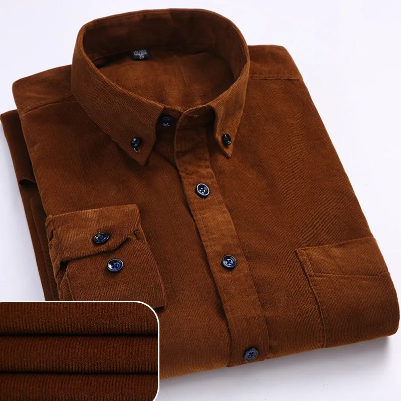 Plus Size 6XL Outono / Inverno Qualidade Morosa 100% Algodão Corduroy Botão de Mangas de Mangas Longa Colares Casual Camisas Para Homens Confortável