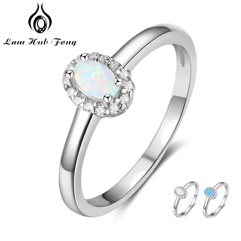 Femmes 925 Anneaux en argent sterling Créé anneau d'opale de feu blanc rose bleu ovale avec cadeau romantique zircon 6 7 8 Taille (Lam Hub Fong)