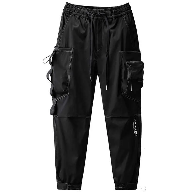 män svart byxor flera fickor träning casual lastbyxor streetwear jogging sweatpants ankel längd byxor y0927