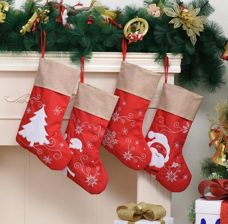 Cartoon Santa Claus Sock Linen Christmas Stocking Xmas Tree Ornaments Kid Candy Bag Festival Party Gift Decoration for Family SN5659