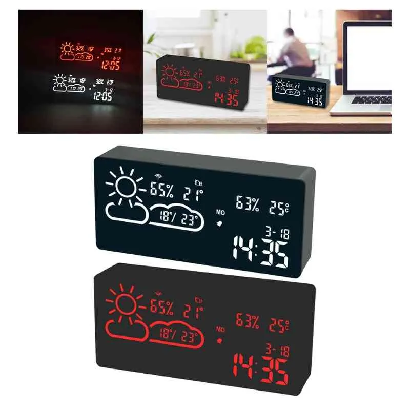 WiFi temperatur fuktighet Datum Digital Display Intelligent LED Electronic Desktop Tabell Alarm Clock Timing