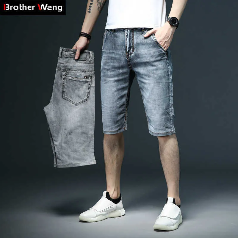 Summer Men's Slim Fit Short Jeans Fashion Cotton Stretch Vintage Denim s Grey Blue Pants Male Brand Clothes 210714