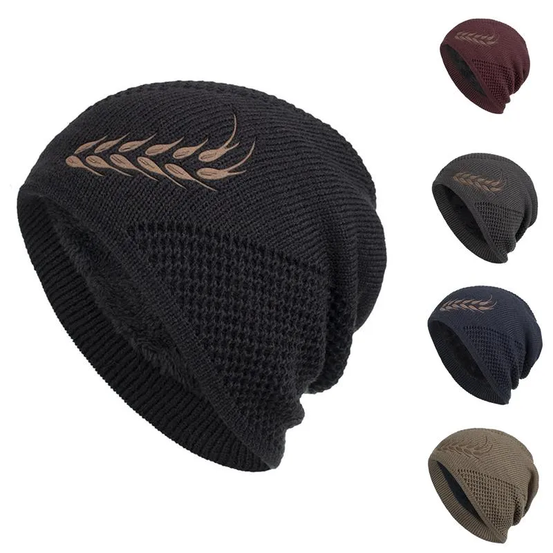 Berets Winter Beanie Hat Men Plush Windproof Hedging Cap Casual Kintted Warm Wheat Ears Print Male Woolen