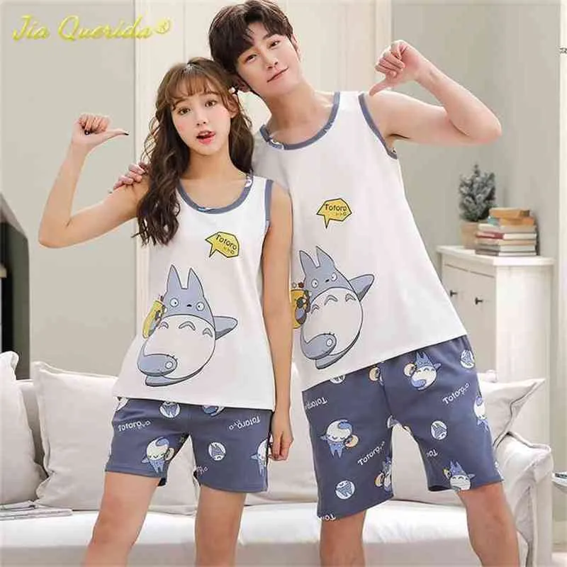 Couple Sleeveless Cami Pajamas Set Cartoon Printing Kawaii Sleepwear Youth Men and Women's Homewear Teenager's Student's Pyjamas 210812