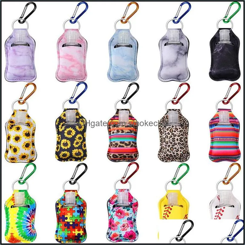 96 Styles Neoprene Hand Sanitizer Bottle Holder Keychain Bags 30ml Printed Hand Soap Bottle Holder with Key Rings Xmas Gift Free DHL