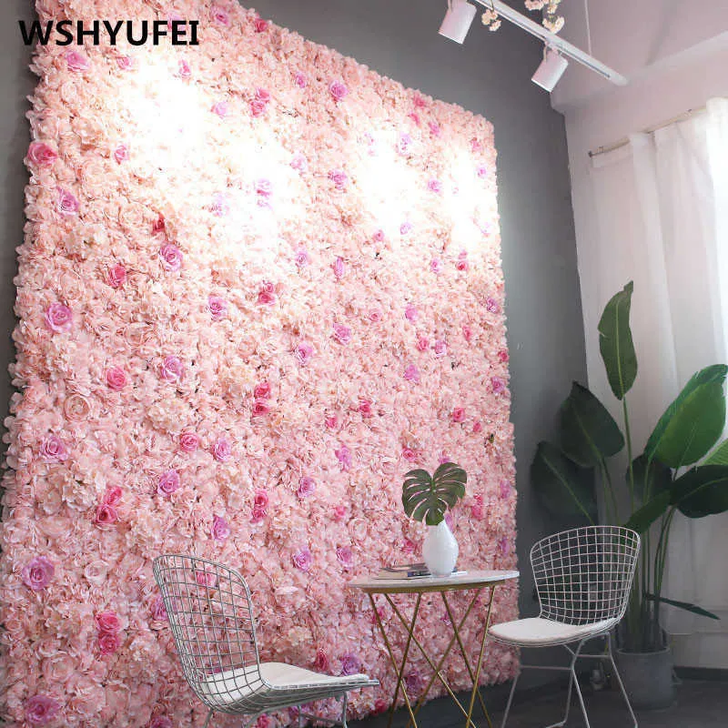 1pcs 40x60cm Silk Rose Flower Champagne Artificial Flower Wedding home Decoration Flower Wall Romantic Wedding Backdrop Decor 210624