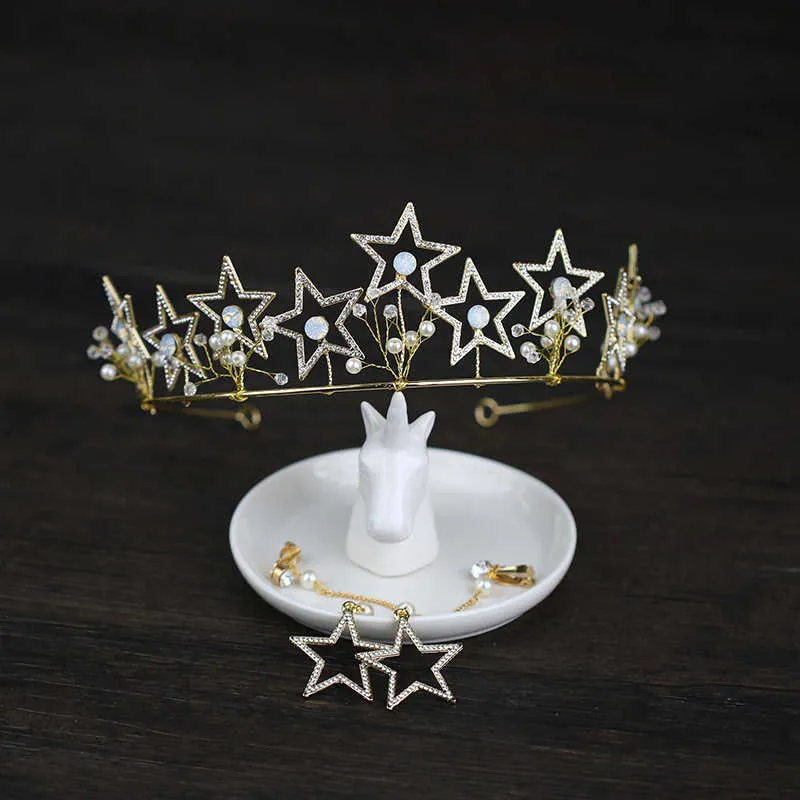 Mode sterren kronen met oorbellen tiara en kroon bruiloft haaraccessoires bruids haar sieraden tiaras noiva parel vrouwen diadeem H1022