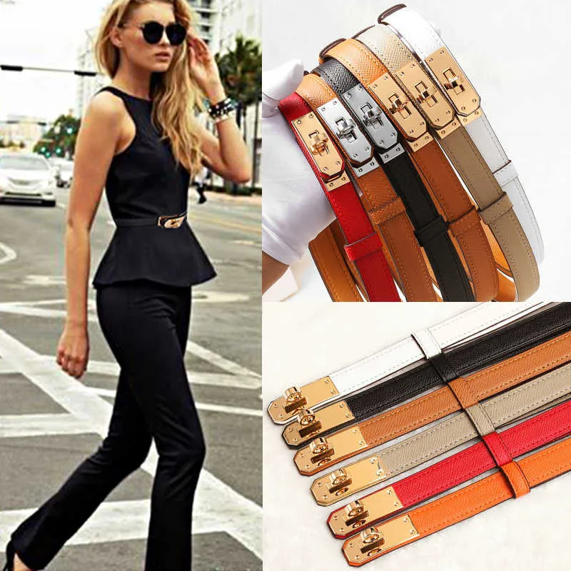 New Designer Women Real Leather 1.8cm Width Belts Golden Silver Lock Buckle Dress Jeans Sweater Waistband Lady Belt A0 Q0625