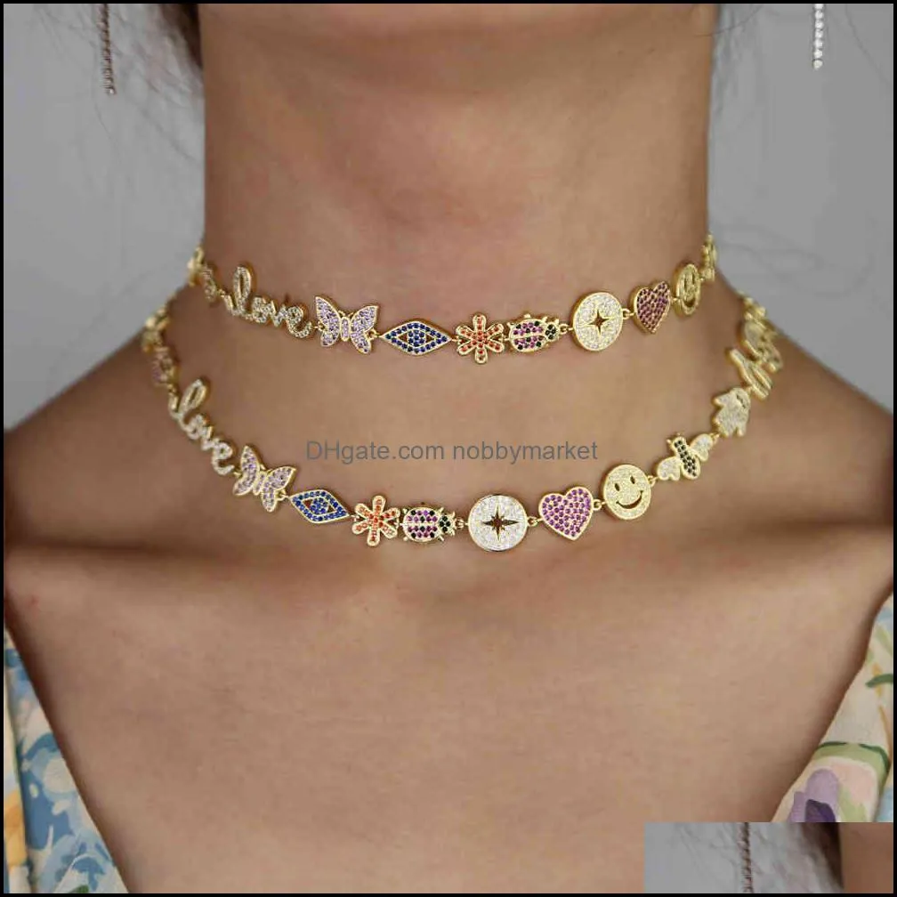 Anhänger Halsketten Anhänger Schmuck Mode Regenbogen Cz Gepflasterte MTI Charm Halskette Für Frauen Dame Hochzeit Kurze Choker Herz Lächeln Auge kuss Gi