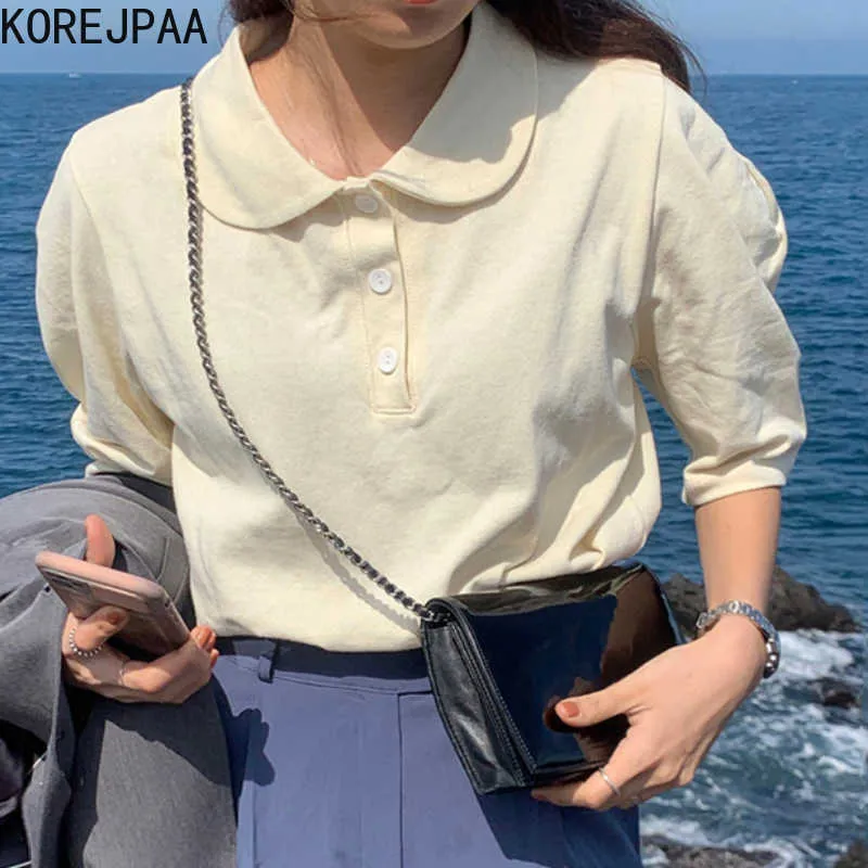 Korejpaa T-shirt da donna Corea Chic Summer Gentle Little Turntring Tre fibbie allentate Casual manica a bolle Top Pullover 210526