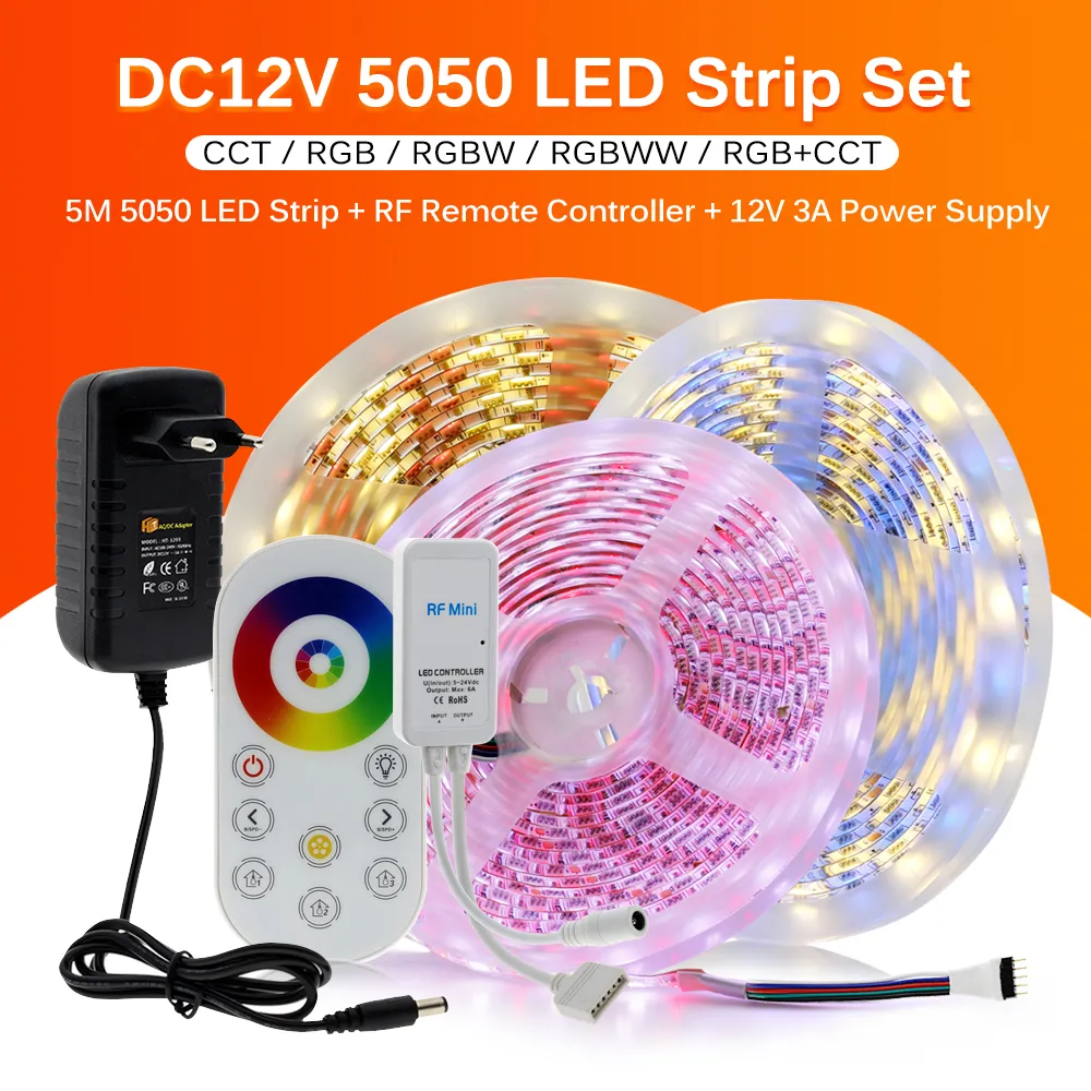 LED Strip Light 5050 RGB / RGBW / RGBCCT Flexibele Ribbon Fita LED Light Strip 60LEDS / M 5M + TOUCH RF REMOTE + DC12V-adapterstekker