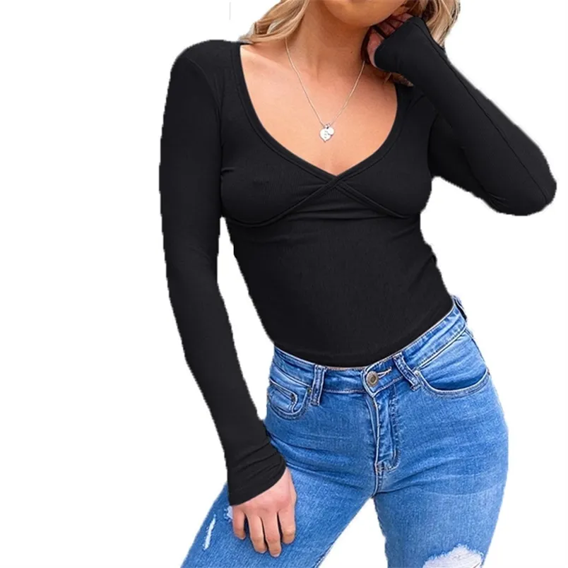 Försäljning Ladies V-Hals Slimming Bodysuit Body Femme Manche Longue Casual Ribbed Kvinnor Vinter Kaffe Stickad S 210604