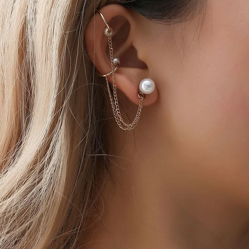 Fashion Dangle Tassel Chain Imitation Pearl Earrings For Women Punk Style Ear Cuff Clip Female Jewelry