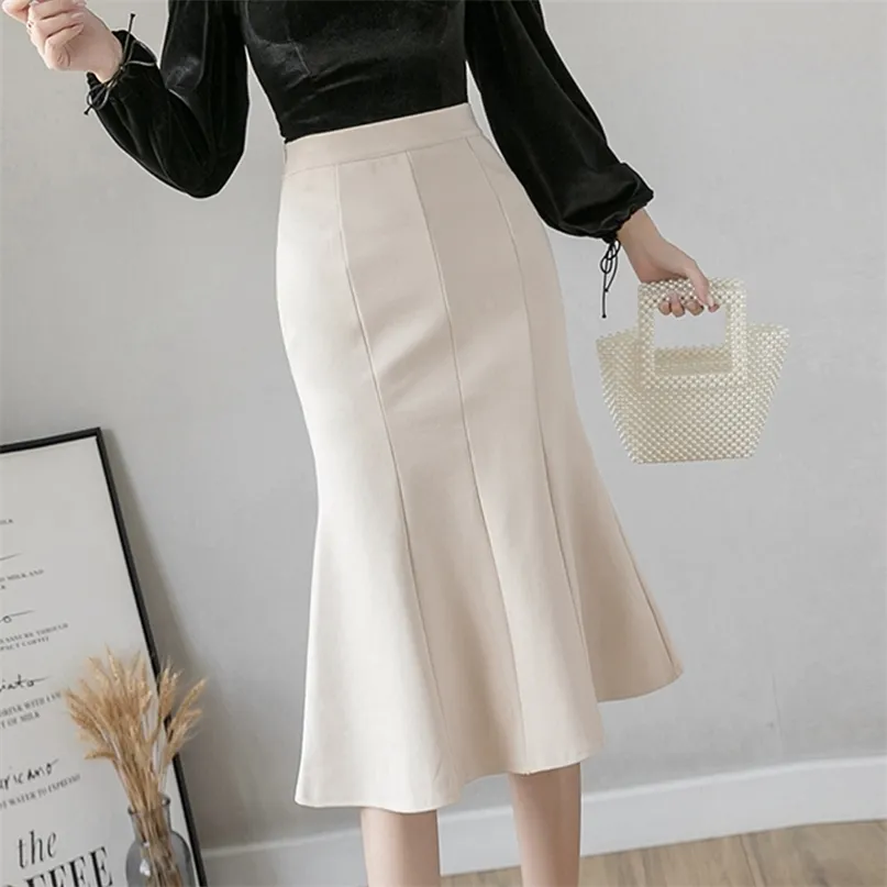 Women High Waist Midi Skirts Plus Size Ruffles Black Khaki Beige Office OL Skirt Fashion Package Hip Mermaid 220226